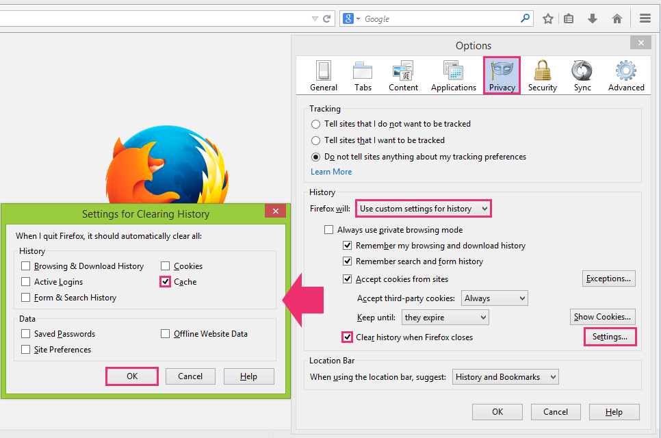Setting automatic clearing cache in Firefox