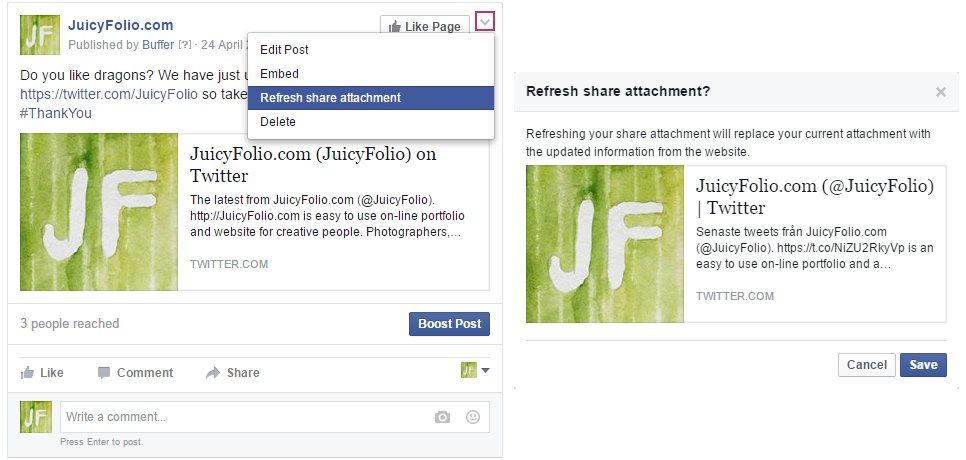 How to refresh attachment of your post shared on Facebook