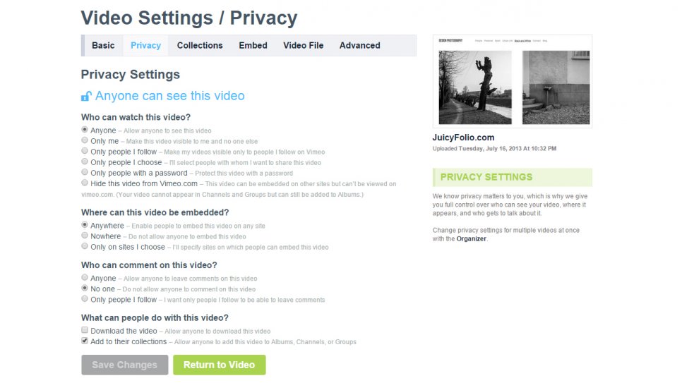 Vimeo Privacy Settings